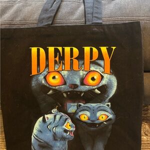 Derpy Black Graphic Tote Bag with Yellow-Orange Print